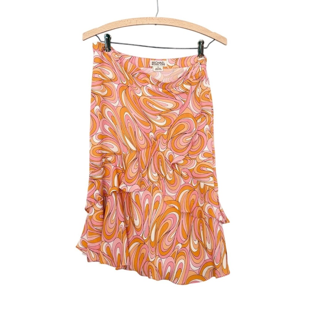 Michael Kors Y2K pink 70s psychedelic swirl layered ruffle tiered skirt Sz 6
